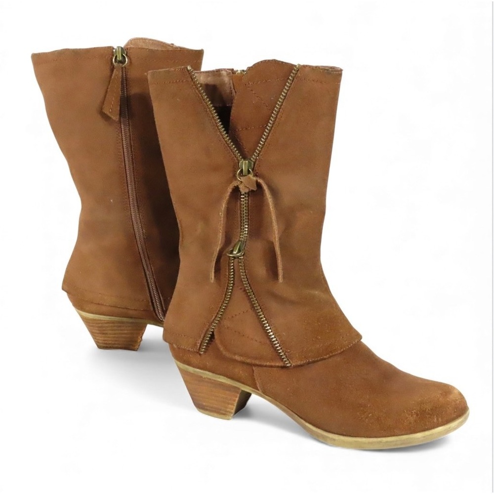 MATISSE Brown Mid-Calf Boots Swell Heel SUEDE LEATHER Zippers Asymmetric 6.5 M